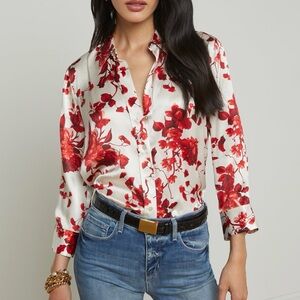 L’Agence Dani Silk Floral Red and White Blouse size XS